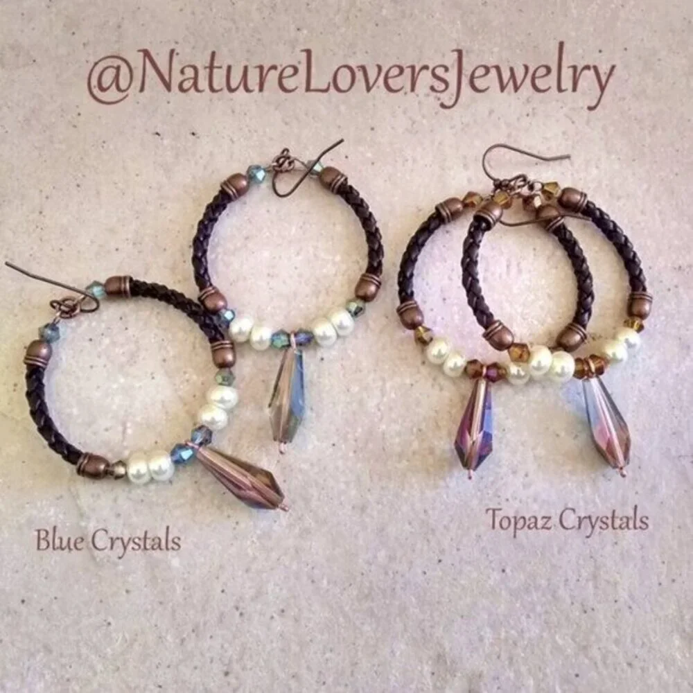 SEXY!!! Boho Hoop Earrings w. Leather, Crystals & Pearls - Total KickA$$ Hoops!
